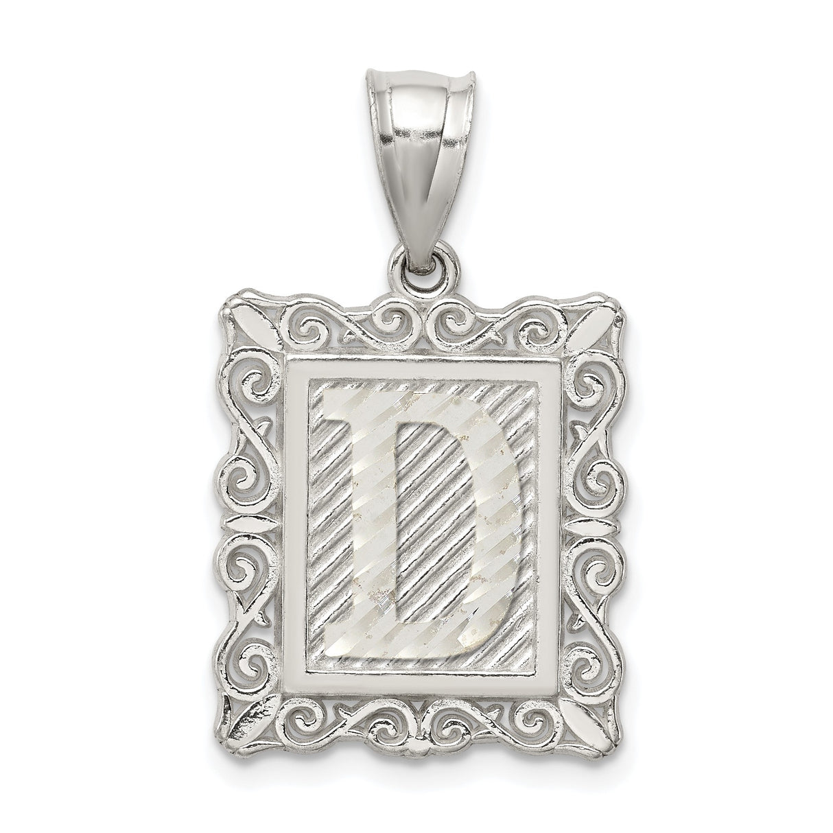 Sterling Silver Letter D Pendant with Scrollwork Border and Textured Finish