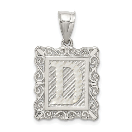 Sterling Silver Letter D Pendant with Scrollwork Border and Textured Finish