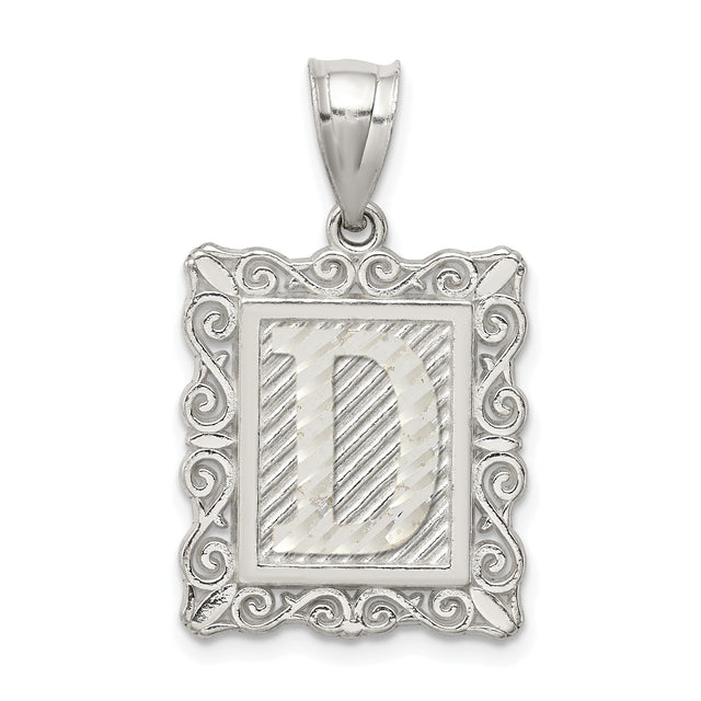 Sterling Silver Letter D Pendant with Scrollwork Border and Textured Finish