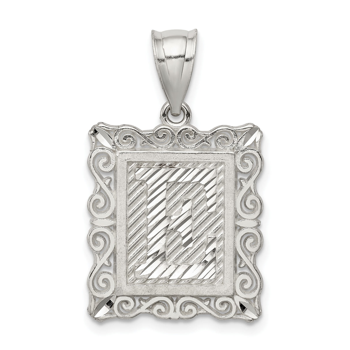 Sterling Silver Letter L Pendant with Textured Background and Filigree Border