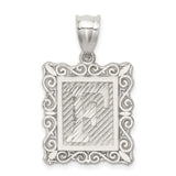 Sterling Silver Initial F Pendant with Textured Design and Scrollwork Border