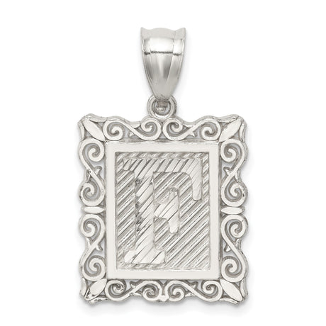 Sterling Silver Initial F Pendant with Textured Design and Scrollwork Border