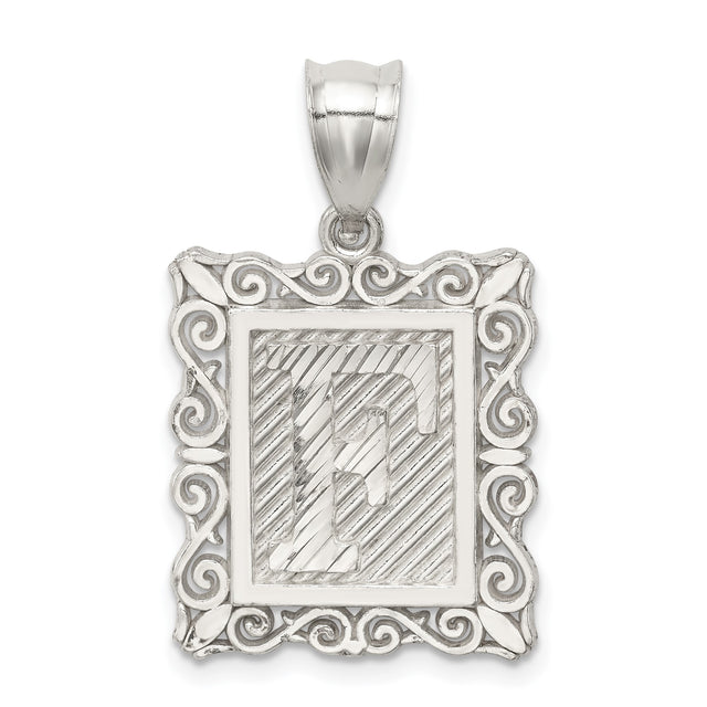 Sterling Silver Initial F Pendant with Textured Design and Scrollwork Border