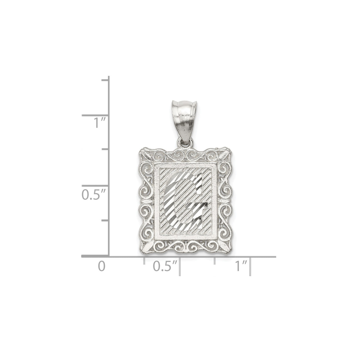 Sterling Silver Letter G Pendant Charm with Textured Rectangle Frame and Scroll Detail