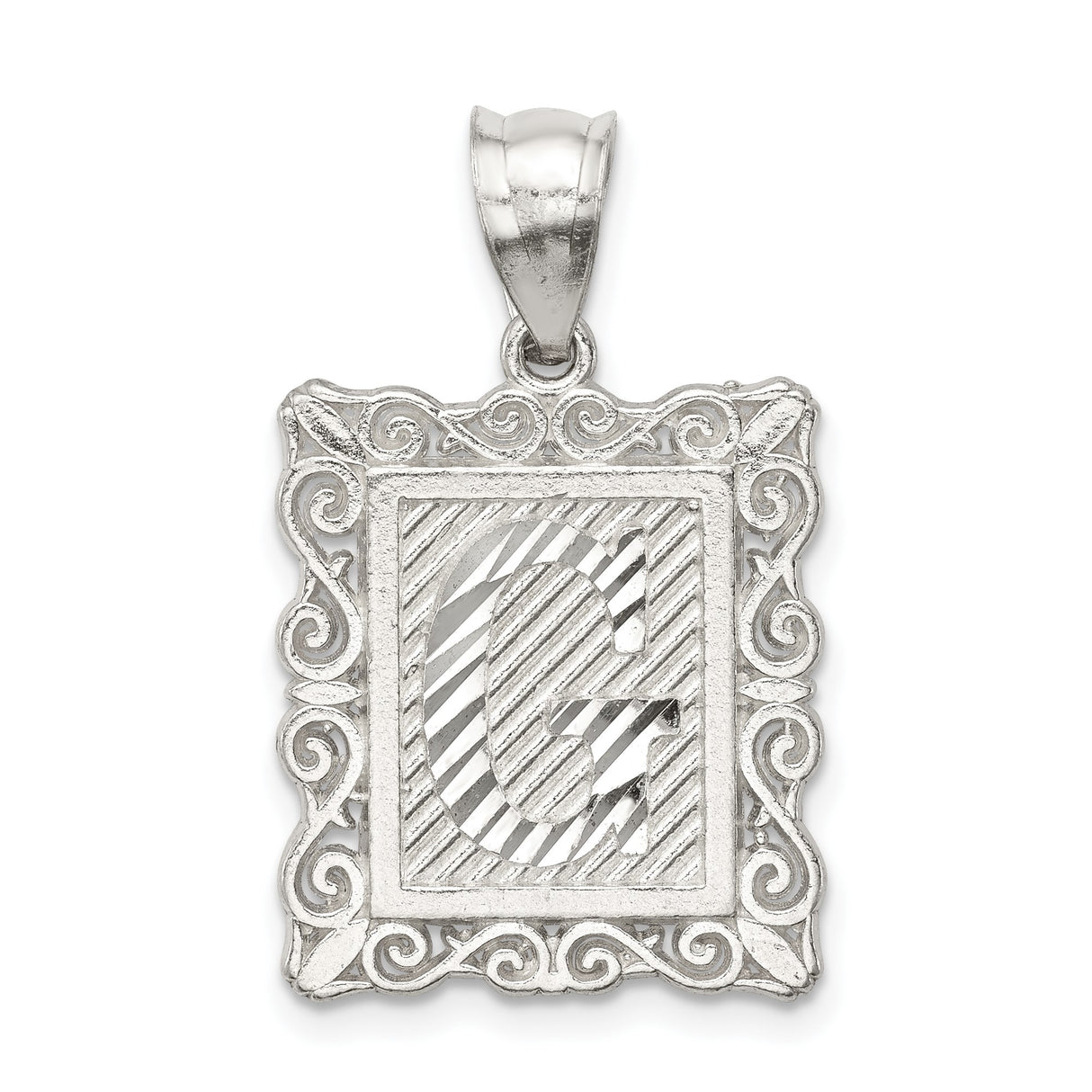 Sterling Silver Letter G Pendant Charm with Textured Rectangle Frame and Scroll Detail