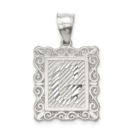 Sterling Silver Letter G Pendant Charm with Textured Rectangle Frame and Scroll Detail