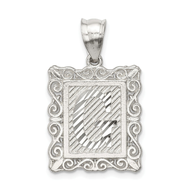 Sterling Silver Letter G Pendant Charm with Textured Rectangle Frame and Scroll Detail