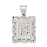 Sterling Silver Rectangle Pendant with Textured Letter E and Scroll Border