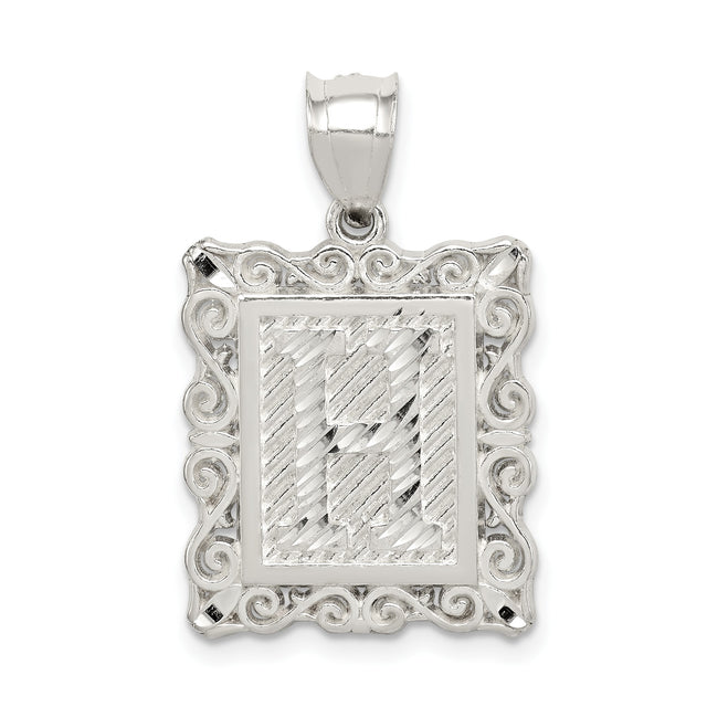 Sterling Silver Rectangle Pendant with Textured Letter E and Scroll Border