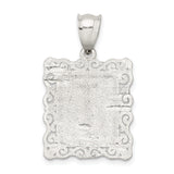 Sterling Silver Initial I Pendant with Textured Rectangle Frame and Scroll Design