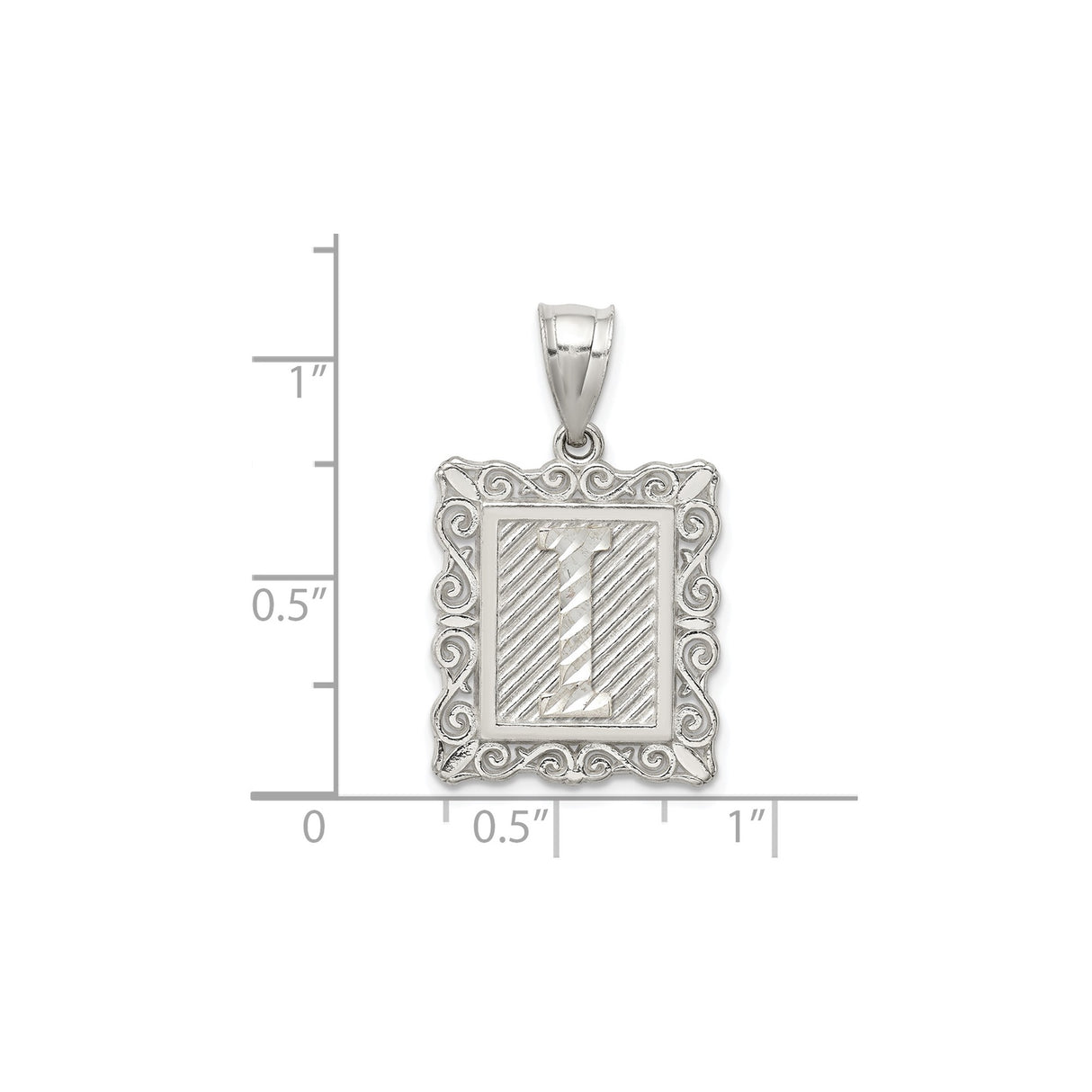 Sterling Silver Initial I Pendant with Textured Rectangle Frame and Scroll Design