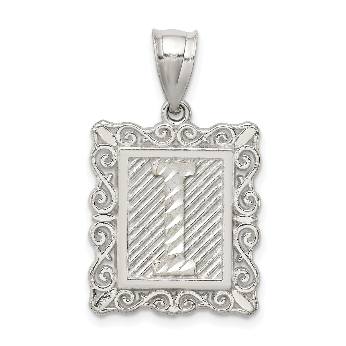Sterling Silver Initial I Pendant with Textured Rectangle Frame and Scroll Design
