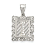 Sterling Silver Initial I Pendant with Textured Rectangle Frame and Scroll Design