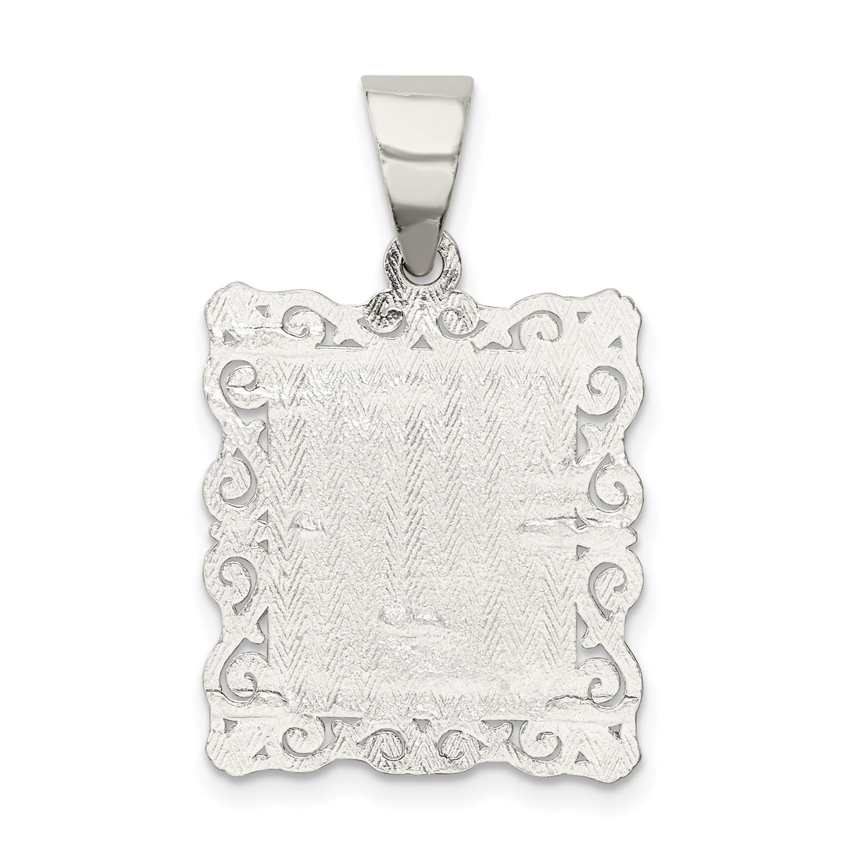 Sterling Silver Initial J Pendant with Scrollwork Border in Rectangle Frame