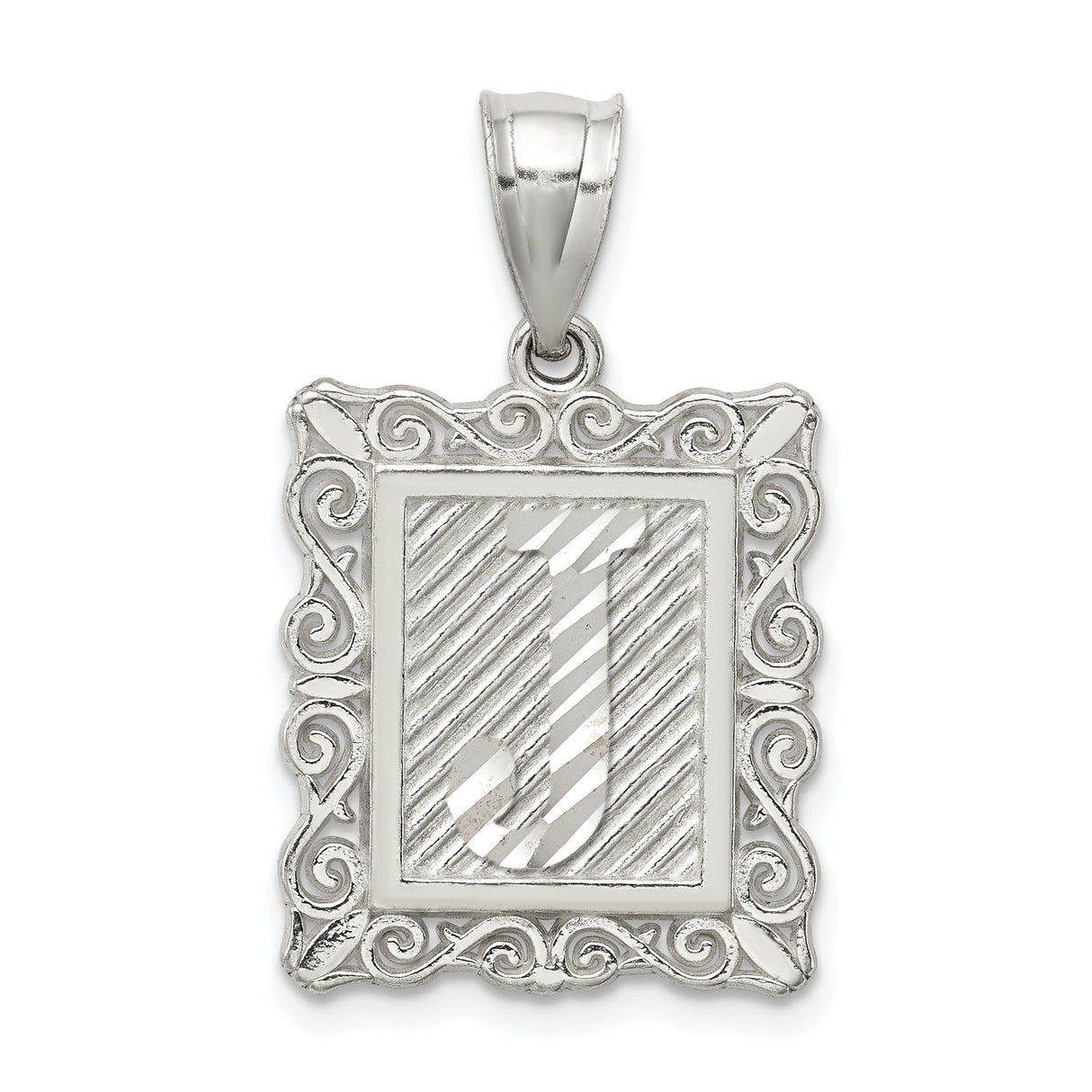 Sterling Silver Initial J Pendant with Scrollwork Border in Rectangle Frame