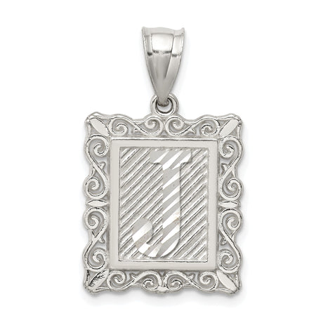 Sterling Silver Initial J Pendant with Scrollwork Border in Rectangle Frame