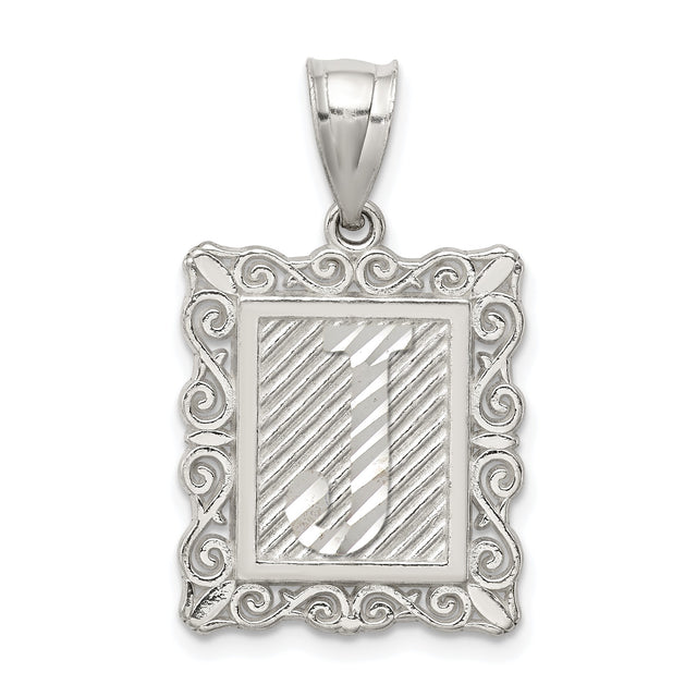 Sterling Silver Initial J Pendant with Scrollwork Border in Rectangle Frame