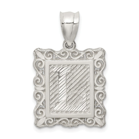 Sterling Silver Letter L Pendant with Textured Background and Scrollwork Border
