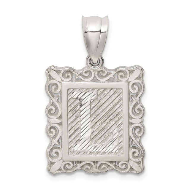 Sterling Silver Letter L Pendant with Textured Background and Scrollwork Border