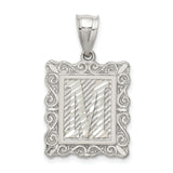 Sterling Silver Initial M Pendant with Scrollwork Border and Textured Background