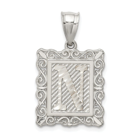 Sterling Silver Initial N Pendant with Textured Scroll Frame Monogram Charm