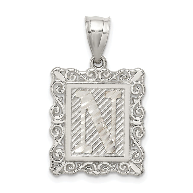 Sterling Silver Initial N Pendant with Textured Scroll Frame Monogram Charm