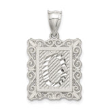 Sterling Silver Letter G Pendant with Textured Rectangle Frame and Scroll Detailing