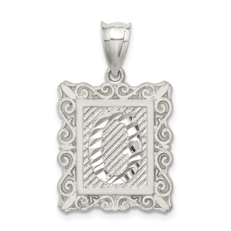 Sterling Silver Letter G Pendant with Textured Rectangle Frame and Scroll Detailing