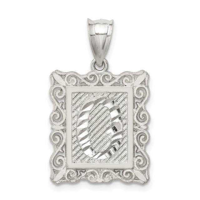 Sterling Silver Letter G Pendant with Textured Rectangle Frame and Scroll Detailing