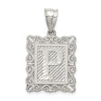 Sterling Silver Rectangular Pendant with Letter P, Textured Background, Scroll Border