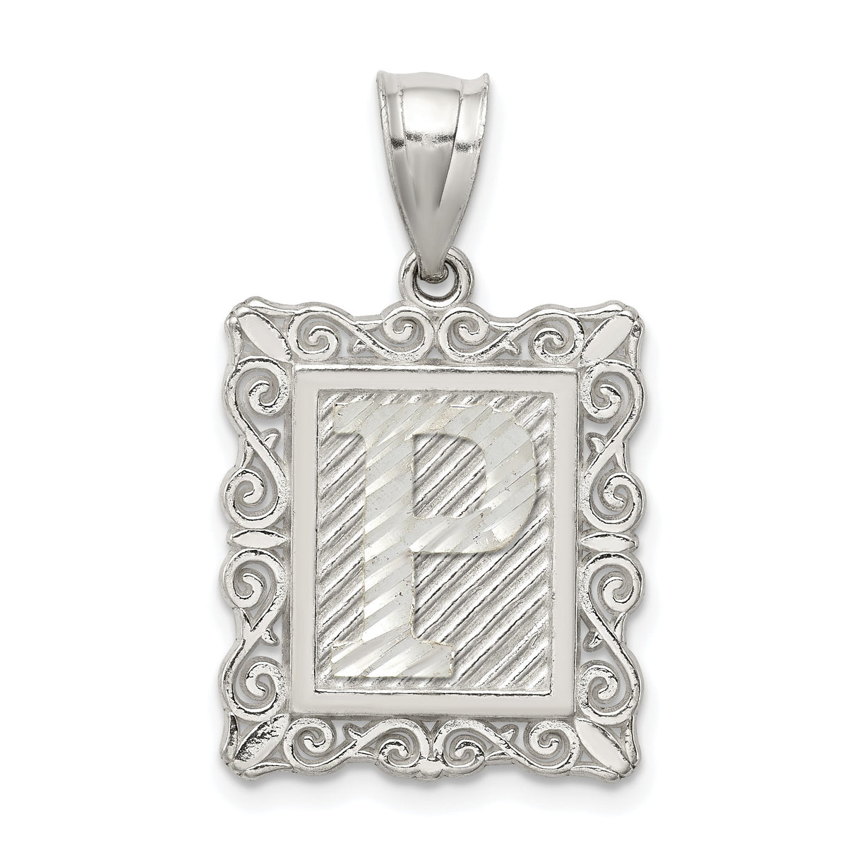 Sterling Silver Rectangular Pendant with Letter P, Textured Background, Scroll Border