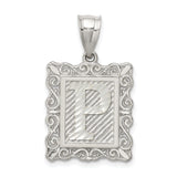 Sterling Silver Rectangular Pendant with Letter P, Textured Background, Scroll Border