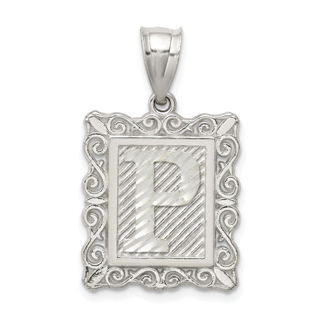 Sterling Silver Rectangular Pendant with Letter P, Textured Background, Scroll Border