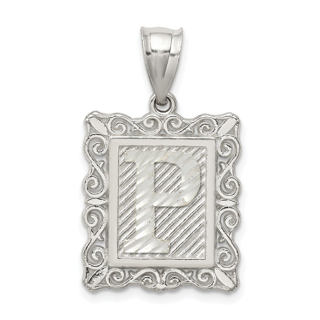Sterling Silver Rectangular Pendant with Letter P, Textured Background, Scroll Border