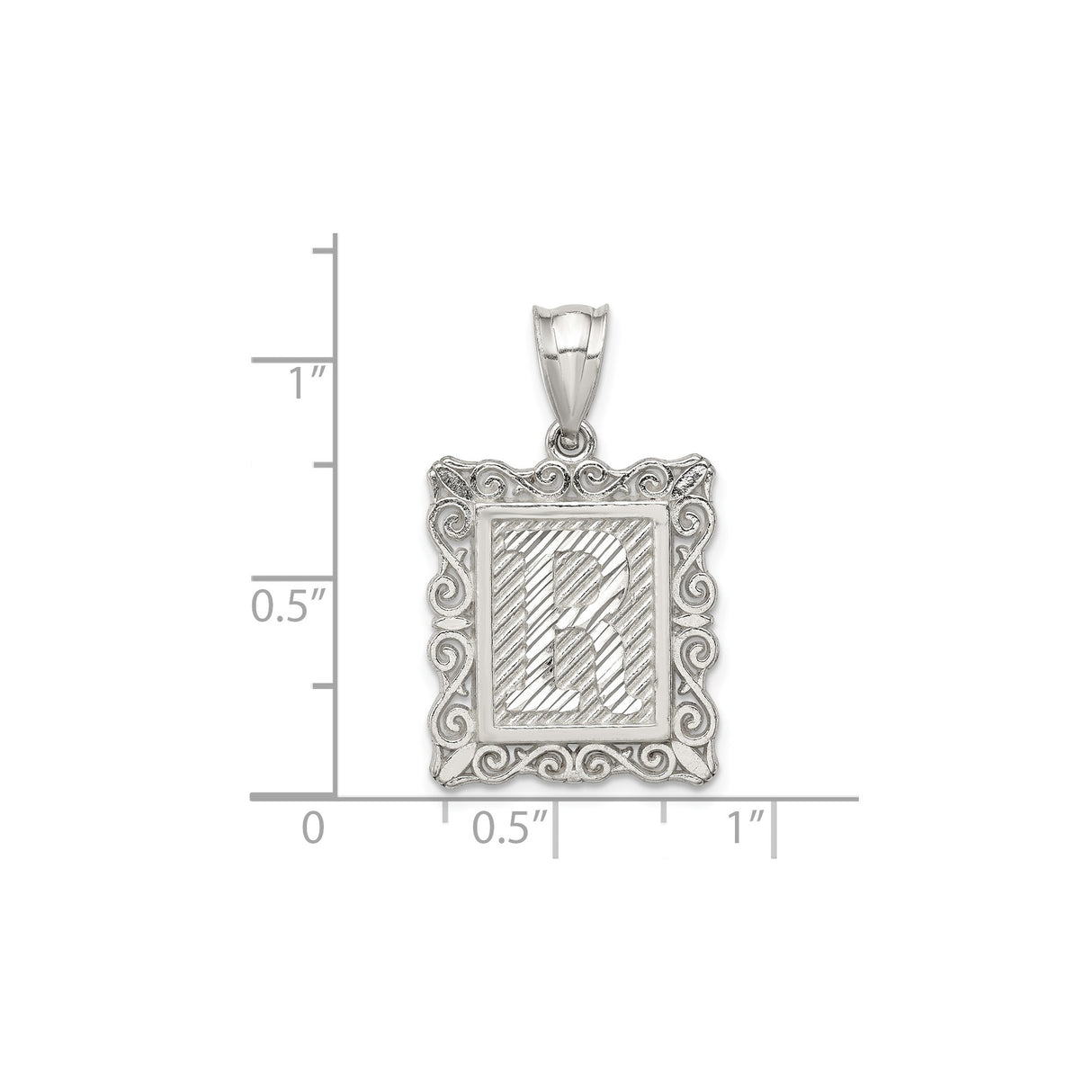Sterling Silver Pendant, Initial R with Textured Striped Design and Ornate Scroll Frame
