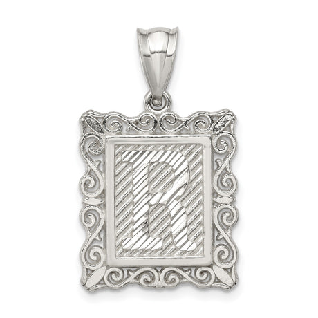 Sterling Silver Pendant, Initial R with Textured Striped Design and Ornate Scroll Frame