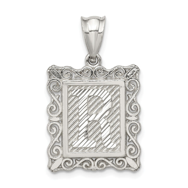 Sterling Silver Pendant, Initial R with Textured Striped Design and Ornate Scroll Frame