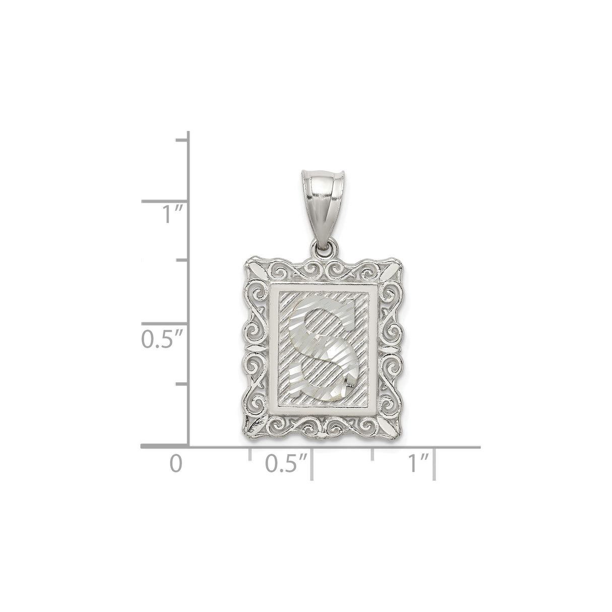 Sterling Silver Initial S Pendant with Scrollwork Border and Textured Letter Charm