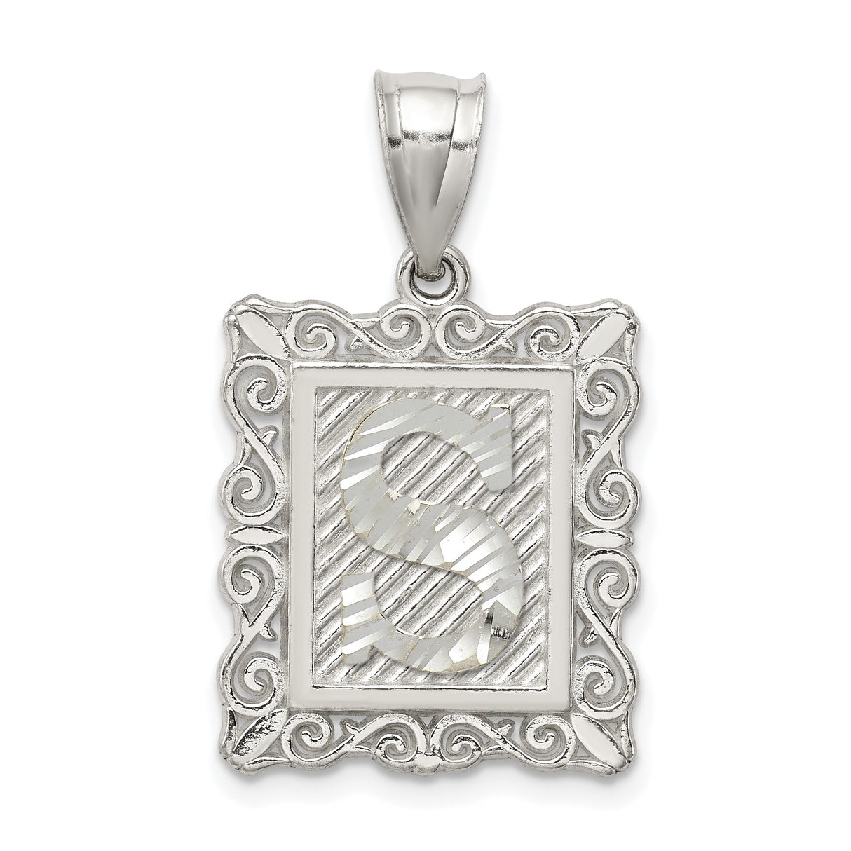 Sterling Silver Initial S Pendant with Scrollwork Border and Textured Letter Charm