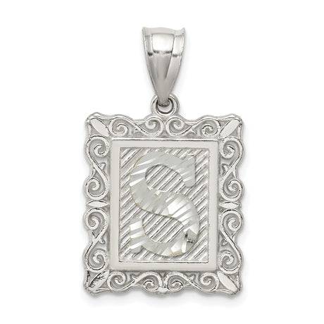 Sterling Silver Initial S Pendant with Scrollwork Border and Textured Letter Charm