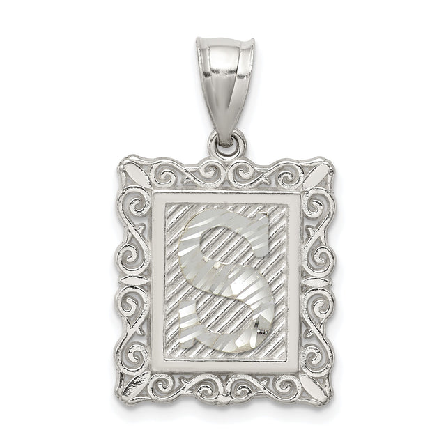 Sterling Silver Initial S Pendant with Scrollwork Border and Textured Letter Charm