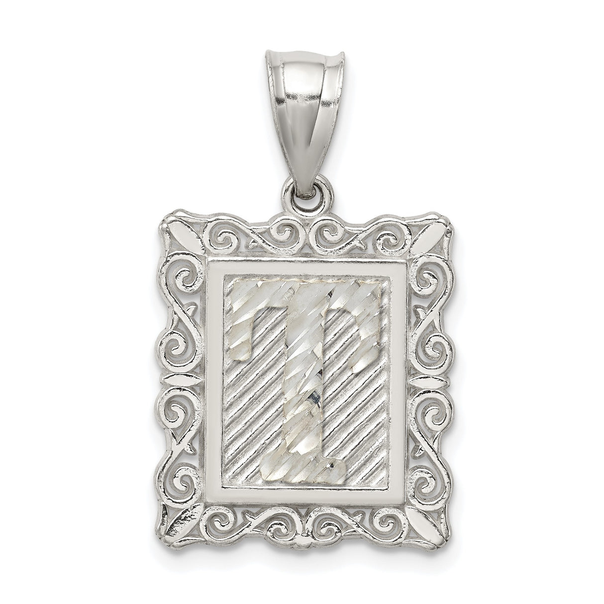 Sterling Silver Initial Pendant T with Textured Diagonal Cut and Scroll Border