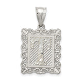 Sterling Silver Initial Pendant T with Textured Diagonal Cut and Scroll Border