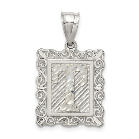 Sterling Silver Initial Pendant T with Textured Diagonal Cut and Scroll Border
