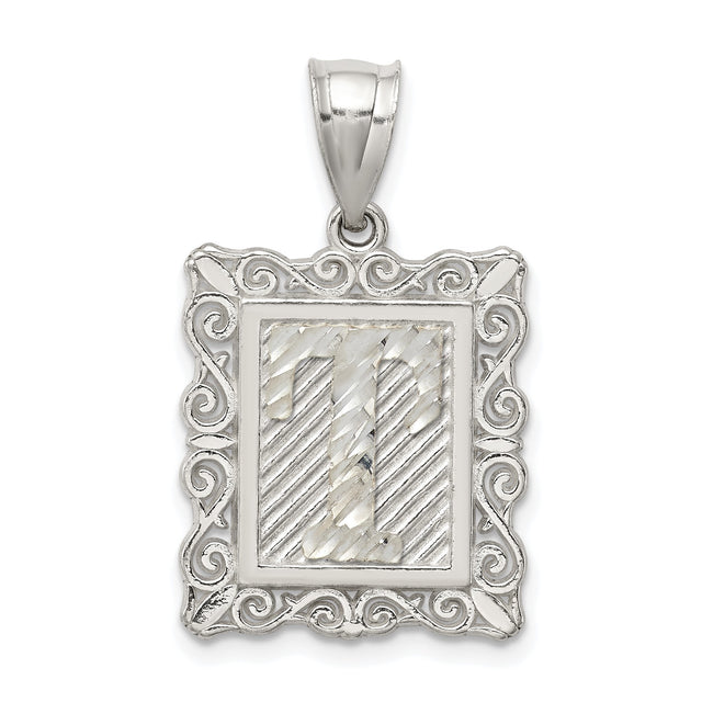 Sterling Silver Initial Pendant T with Textured Diagonal Cut and Scroll Border