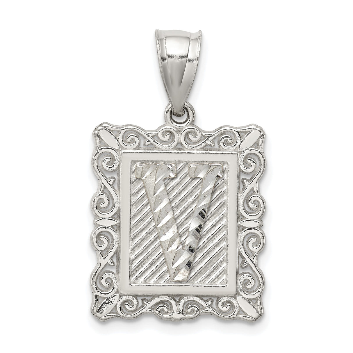 Sterling Silver Letter V Pendant with Textured Border and Scrollwork Design