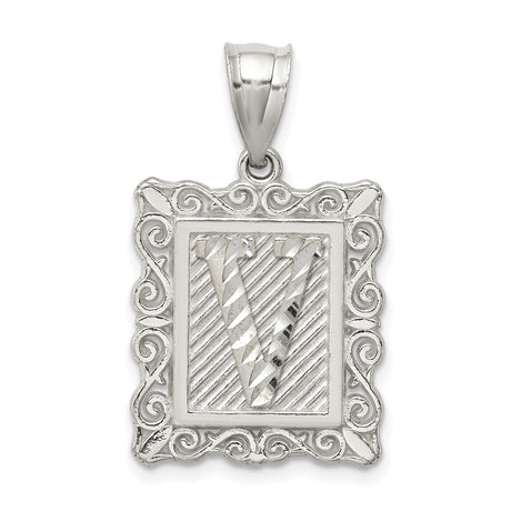 Sterling Silver Letter V Pendant with Textured Border and Scrollwork Design