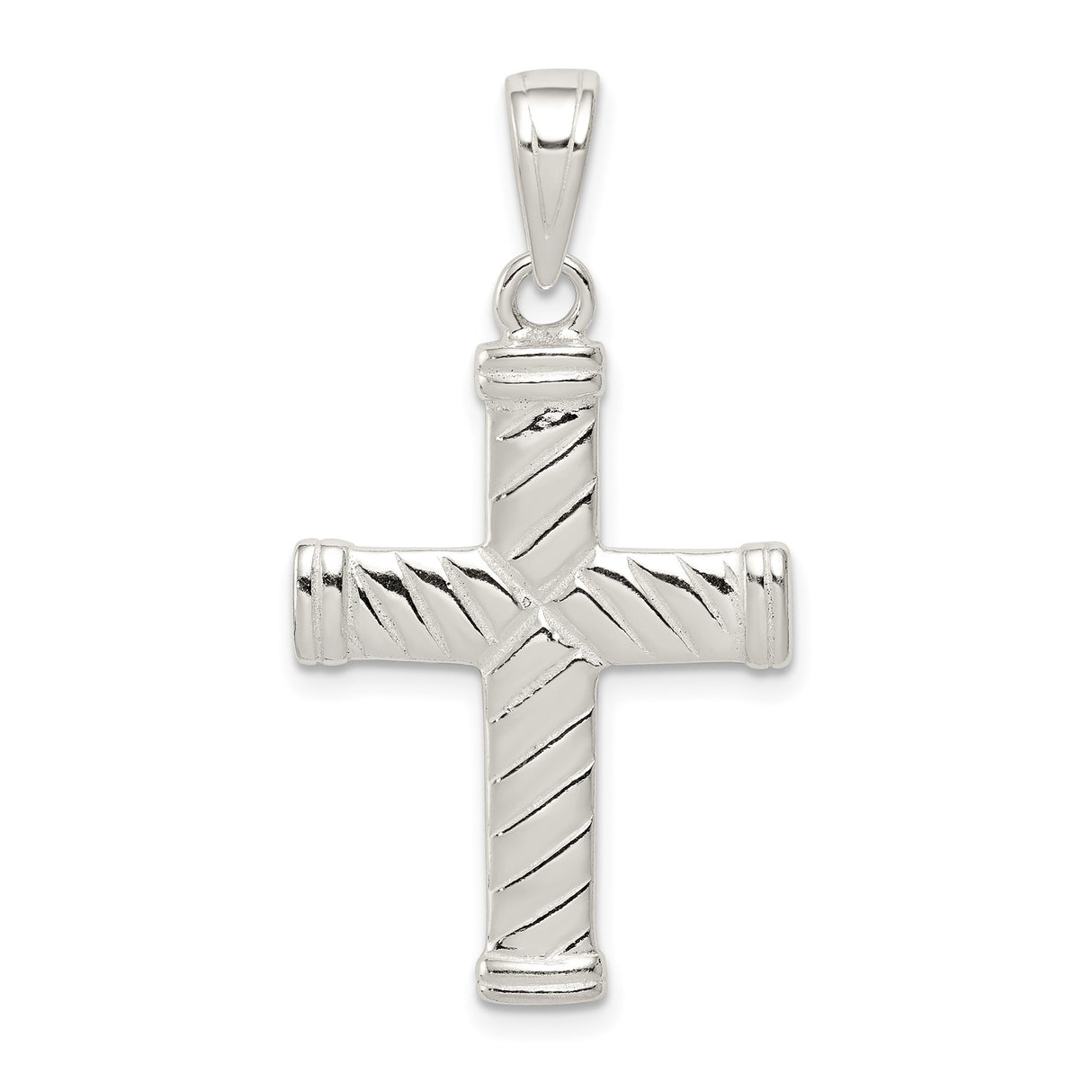 Sterling Silver Cross Pendant with Rope Texture and Sleek Bail, Modern Symmetrical Design