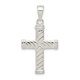 Sterling Silver Cross Pendant with Rope Texture and Sleek Bail, Modern Symmetrical Design