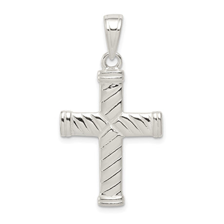 Sterling Silver Cross Pendant with Rope Texture and Sleek Bail, Modern Symmetrical Design